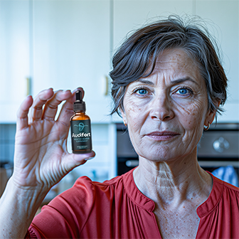 Woman holding Audifort bottle